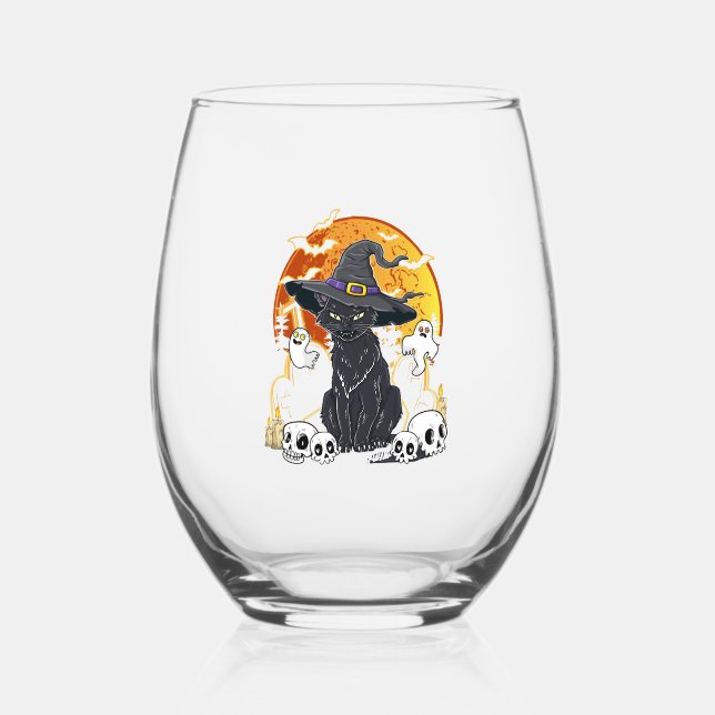 Verre À Vin Sans Pied Halloween de chat noir (Recto)