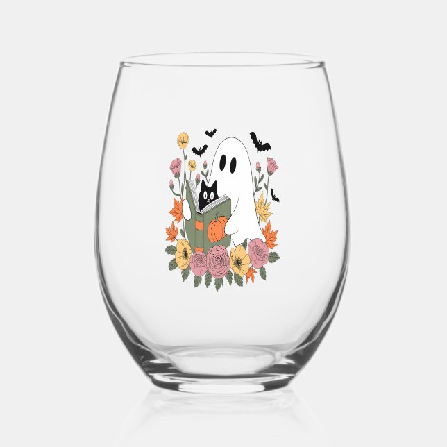 Verre À Vin Sans Pied Halloween Ghost Reading Book Cat (Recto)