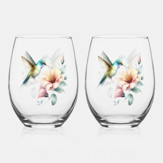 Verre À Vin Sans Pied Harmonie de colibris avec Hibiscus Élégant