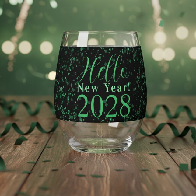 Verre À Vin Sans Pied Hello New Year! New Year's Eve Green Black Sparkle (Créateur téléchargé)
