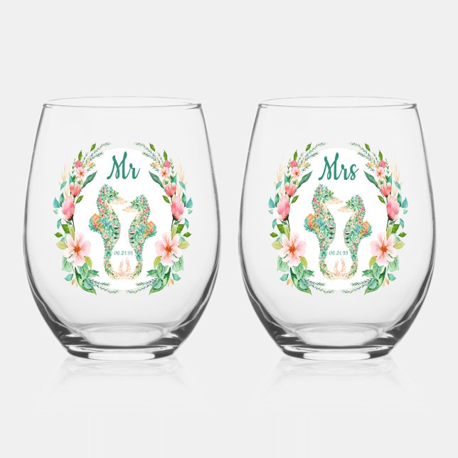 Verre À Vin Sans Pied Hippocampe floral tropical M. Mme Mariage (Recto)