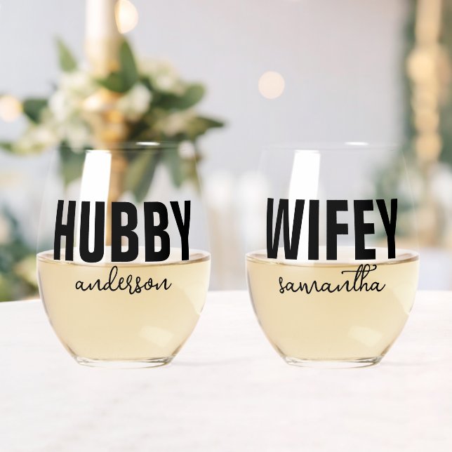 Verre À Vin Sans Pied Hubby et nom Wifey personnalisés (Insitu (Mariage))