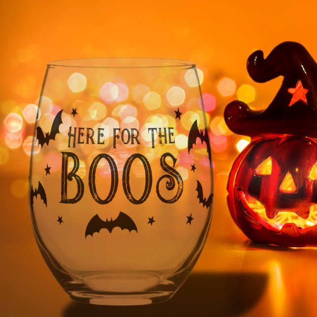 Verre À Vin Sans Pied Ici pour les chauves-souris d'Halloween Boos (Here for the Boos Halloween Bats Stemless Wine Glass)