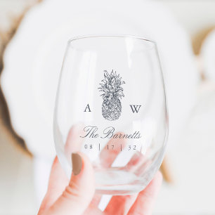 Verre À Vin Sans Pied Île Vintage ananas Mariage Monogramme