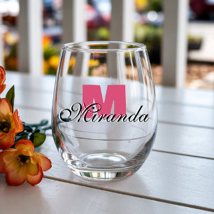 Verre À Vin Sans Pied Initiale de canneberge et nom noir   Moderne 