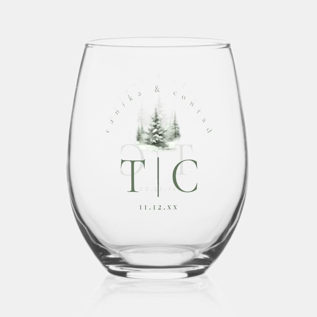 Verre À Vin Sans Pied Initiales de mariage d'hiver rustique Forest Green (Recto)