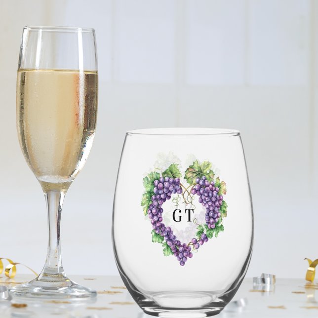 Verre À Vin Sans Pied Initiales de monogramme de cœur de raisins (Créateur téléchargé)