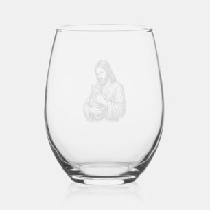 Verre À Vin Sans Pied Jésus vintage tenant un chat gravure graphique_1