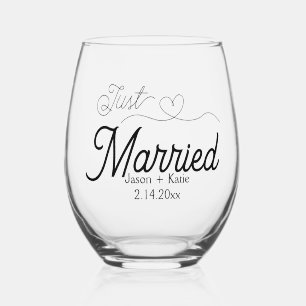 Verre À Vin Sans Pied Joli cœur Noms de script Mariés Jour de mariage