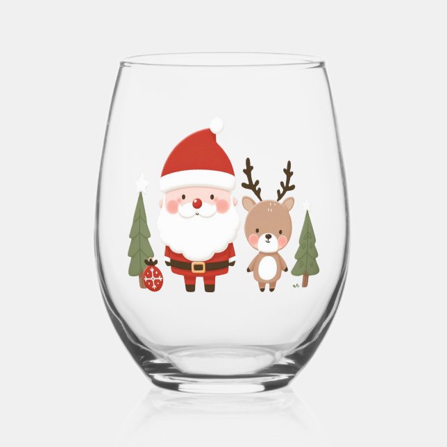 Verre À Vin Sans Pied Joli Noël Père Noël & Reindeer (Verso)