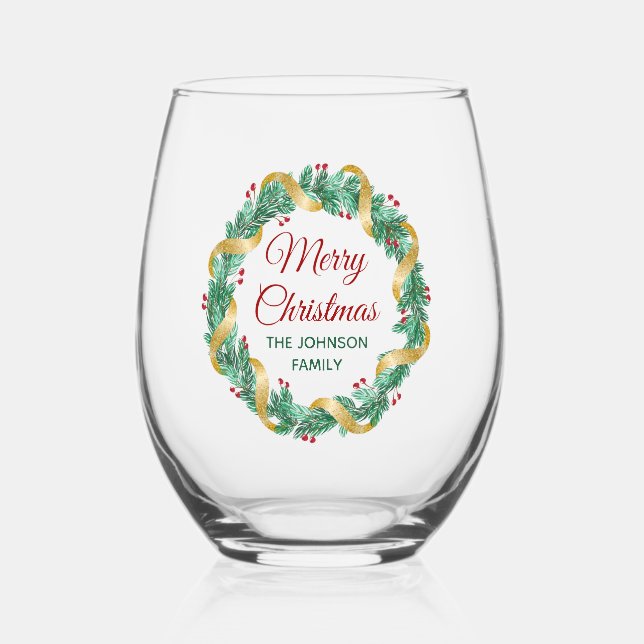 Verre À Vin Sans Pied Joyeuse couronne de Noël Rouge Green Custom (Recto)