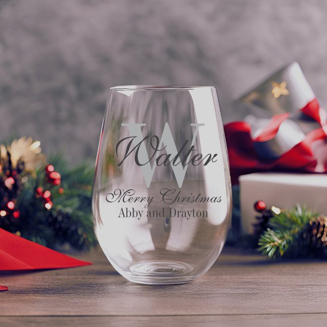 Verre À Vin Sans Pied Joyeux Monogramme personnalisé de Noël (Merry Christmas Custom Monogram Stemless Wine Glass)