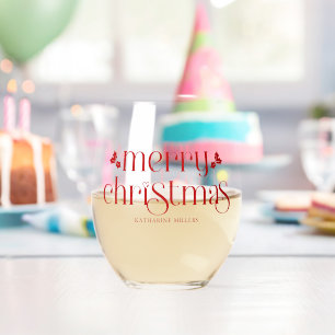 Verre À Vin Sans Pied Joyeux Noël personnalisé en typographie rouge
