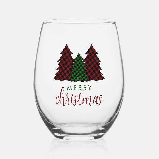 Verre À Vin Sans Pied Joyeux Noël Plaid Arbre de Noël Motif (Recto)
