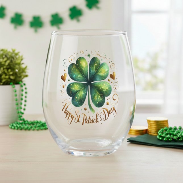 Verre À Vin Sans Pied Joyeux St. Patrick's Day Shamrock vert et or (Happy St. Patrick's Day Green & Gold Shamrock Stemless Wine Glass)