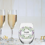 Verre À Vin Sans Pied Lavender eucalyptus nom de la femme de ménage<br><div class="desc">Arrière - plan transparent. Personnalisez et ajoutez le nom de votre demaid. Texte noir. Décoré de fleurs de lavande et de verdure d'eucalyptus.</div>