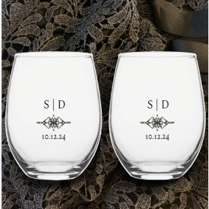 Verre À Vin Sans Pied Le monogramme unique du Mariage personnalisé Coupl
