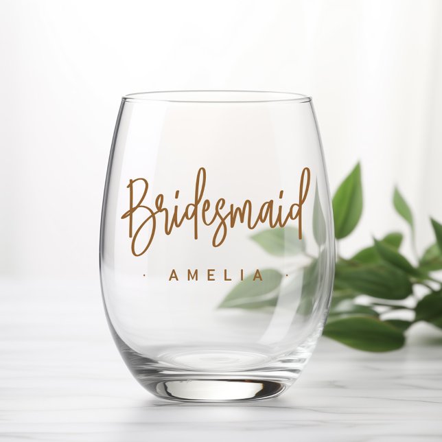 Verre À Vin Sans Pied Le nom de Bridesmaid élégant script de calligraphi (Bridesmaid's name elegant calligraphy script stemless wine glass)