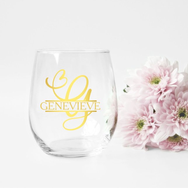 Verre À Vin Sans Pied Lettre G Monogramme Cadeau de demoiselle d'honneur (stemless wine glass for a bridesmaid gift that has a gold split G monogram and customized with name
)