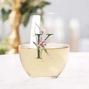 Verre À Vin Sans Pied LETTRE INITIALE K FÉMININE MONOGRAPHIQUE Floral