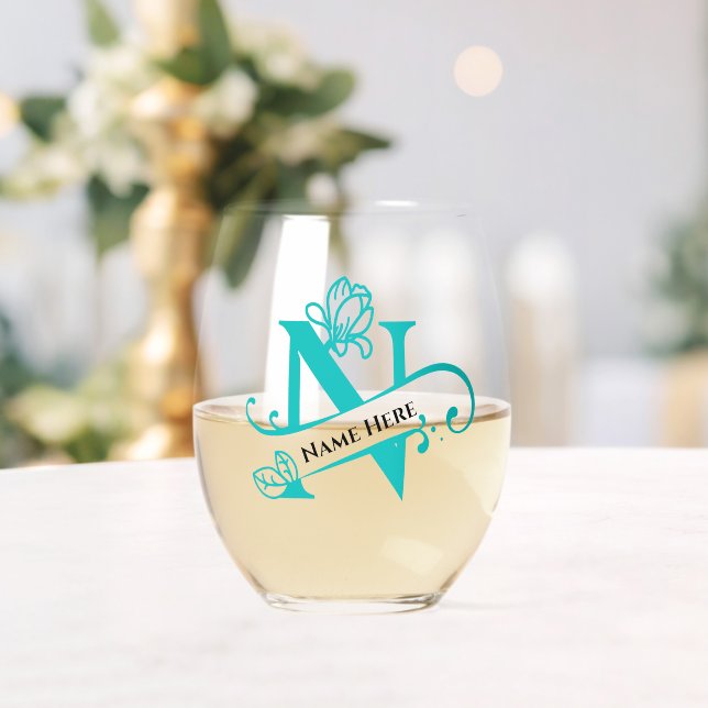 Verre À Vin Sans Pied Lettre monogramme florale N Ajouter un nom Changer (Insitu (Mariage))