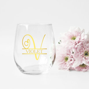 Verre À Vin Sans Pied Lettre V Monogramme Cadeau de demoiselle d'honneur