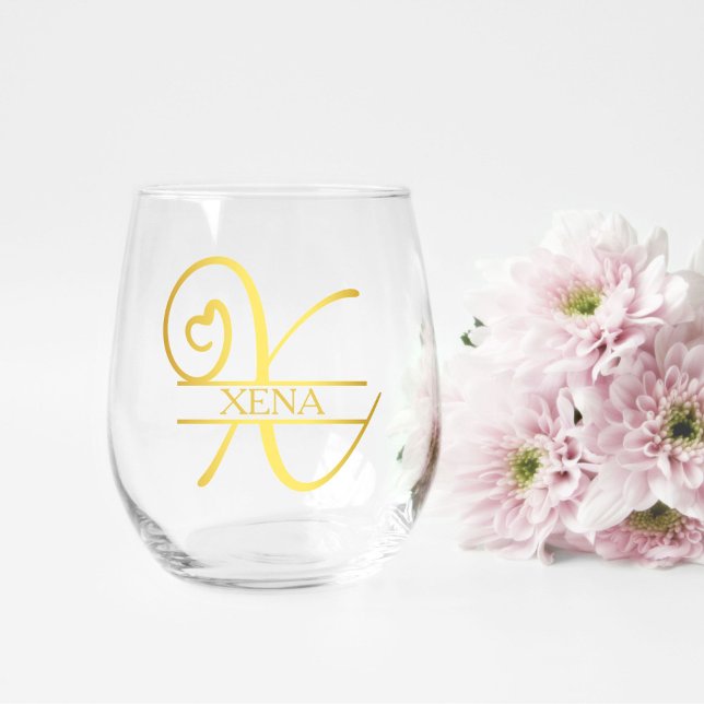 Verre À Vin Sans Pied Lettre X Monogramme Cadeau de demoiselle d'honneur (stemless wine glass for a bridesmaid gift that has a gold split x monogram and customized with name)