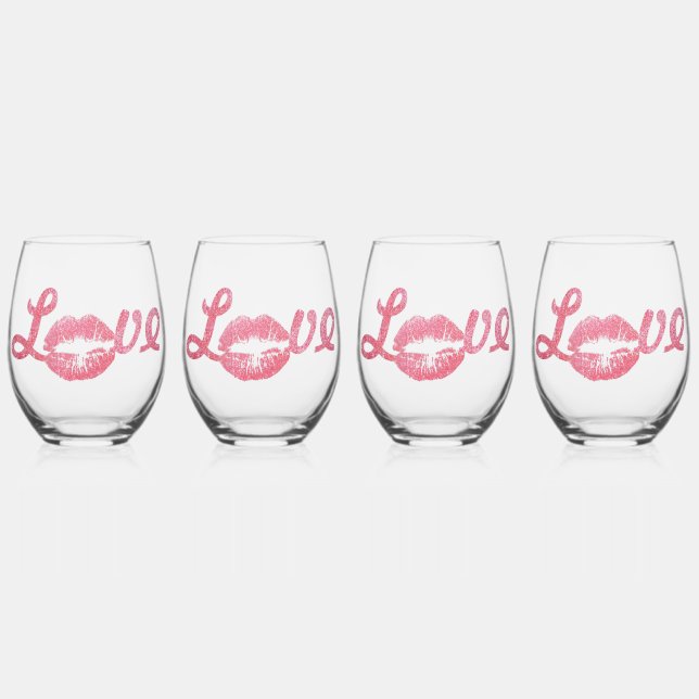 Verre À Vin Sans Pied Love Parties scintillant rose Lipstick Kiss (Recto)