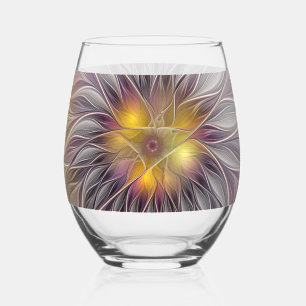 Verre À Vin Sans Pied Lumineuse Fleur colorée, Abstraite Fractale modern