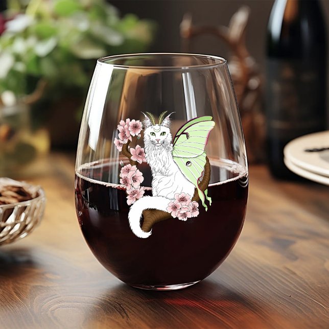 Verre À Vin Sans Pied Luna Moth Moth Blanc Chat Vert (Créateur téléchargé)