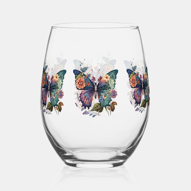 Verre À Vin Sans Pied Lunettes de vin avec papillons et fleurs rétro (Recto)