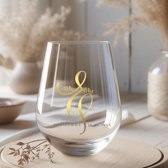 Verre À Vin Sans Pied M. & Mme Gold Calligraphy Ampersand Mariage (Créateur téléchargé)