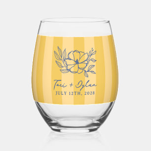 Verre À Vin Sans Pied Mariage à rayures de bouquet bleu jaune floral
