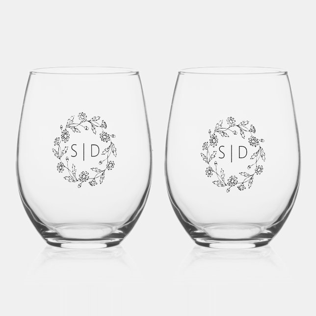 Verre À Vin Sans Pied Mariage botanique noir blanc (Recto)