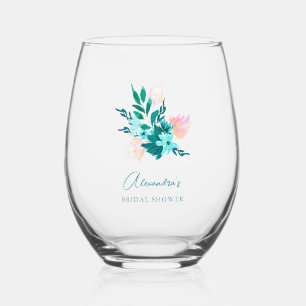 Verre À Vin Sans Pied Mariage Champêtre Aquarelle Bleu Vert