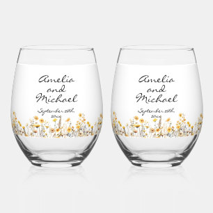 Verre À Vin Sans Pied Mariage de Fleurs sauvages de la prairie jaune bla