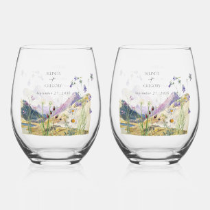 Verre À Vin Sans Pied Mariage de montagne Rustique Fleur sauvage aquarel