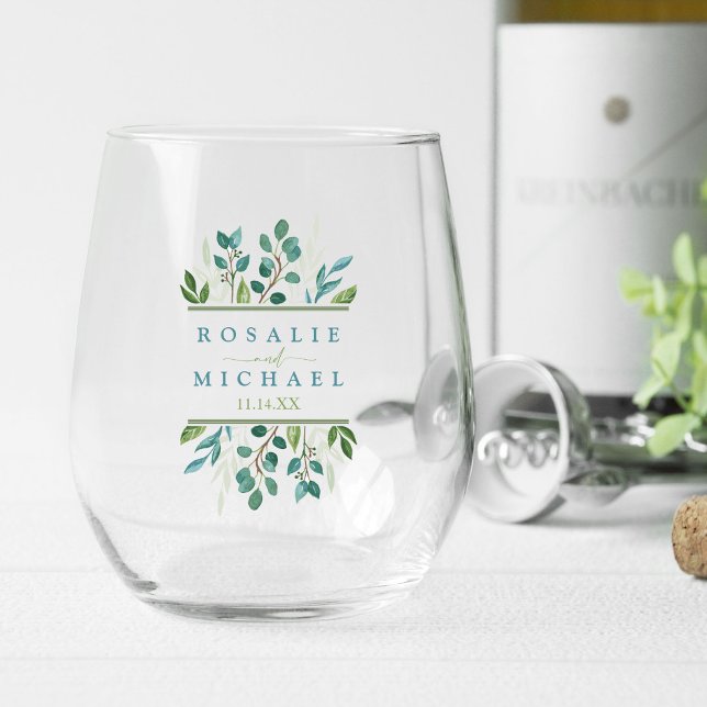 Verre À Vin Sans Pied Mariage de verdure botanique (Stemless Wine Glass Wedding Glass with custom name)