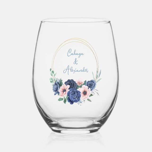 Verre À Vin Sans Pied Mariage floral bleu de marque personnalisée (Recto)