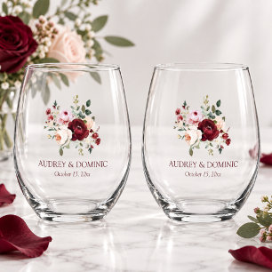 Verre À Vin Sans Pied Mariage Floral Élégant en Bourgogne Rosé