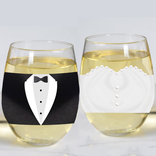Verre À Vin Sans Pied Mariage habillé de mariée et de chambre M & Mme (Bride & Groom Suit Wedding Dress Mr. & Mrs Stemless Wine Glass
)