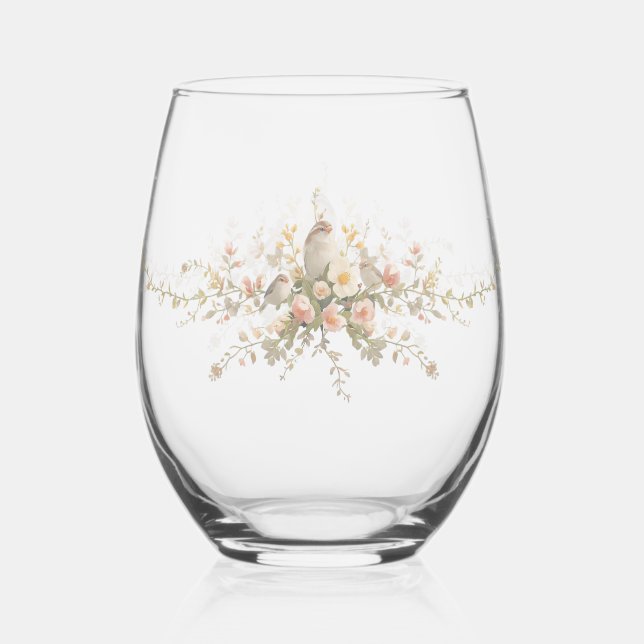 Verre À Vin Sans Pied Mariage moderne élégant floral Oiseau Superpositio (Recto)