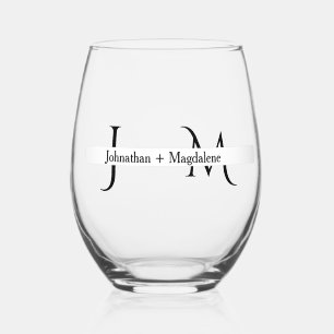 Verre À Vin Sans Pied Mariage Monogramme Minimaliste Noir & Blanc