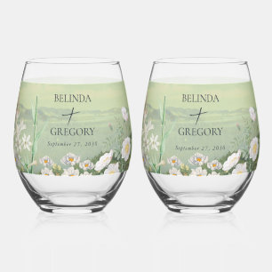 Verre À Vin Sans Pied Mariage Paysage de montagne Fleur sauvage aquarell