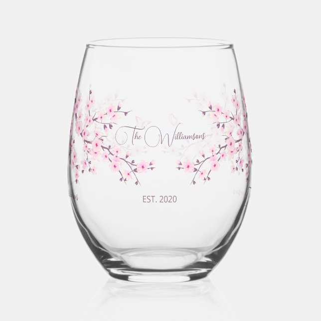 Verre À Vin Sans Pied Mariage rose fleurs cerisier (Gauche)