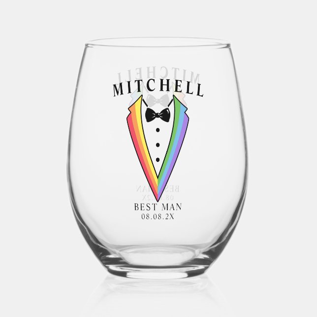 Verre À Vin Sans Pied Mariage Tuxedo Gay LGBTQ+ Meilleur Homme (Recto)