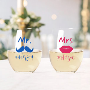 Verre À Vin Sans Pied Mariés personnalisés avec moustache et lèvres pour