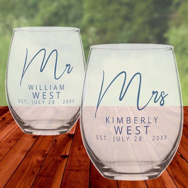 Verre À Vin Sans Pied Marseille Bleu M. Et Mme Mariage Personnalisé (Marseille Bleu Modern Wedding Bride And Groom Mr. & Mrs. Personalized Stemless Wine Glasses)