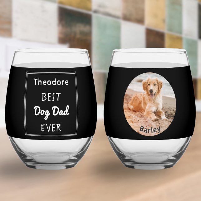 Verre À Vin Sans Pied Meilleur Chien Papa animal de compagnie personnali (A stemless wine glass with dog photo, pet's name, owner's name and 'Best Dog Dad Ever' caption)