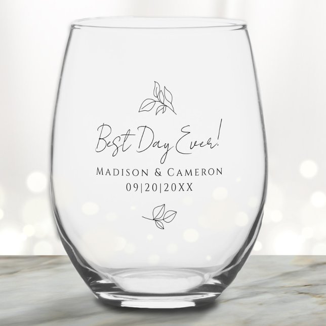 Verre À Vin Sans Pied Meilleur Jour Jamais Élégant Mariage Feuille Black (Best Day Ever Elegant Wedding Leaves Black Party Stemless Wine Glass)
